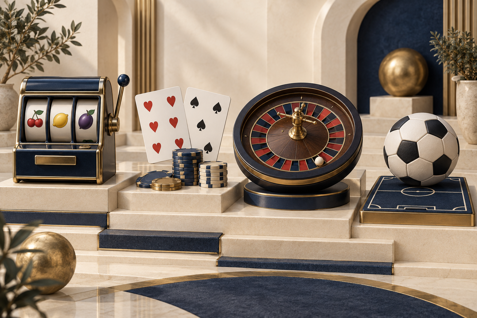 Ilustrasi slot, kartu bakarat, rolet, dan sepak bola