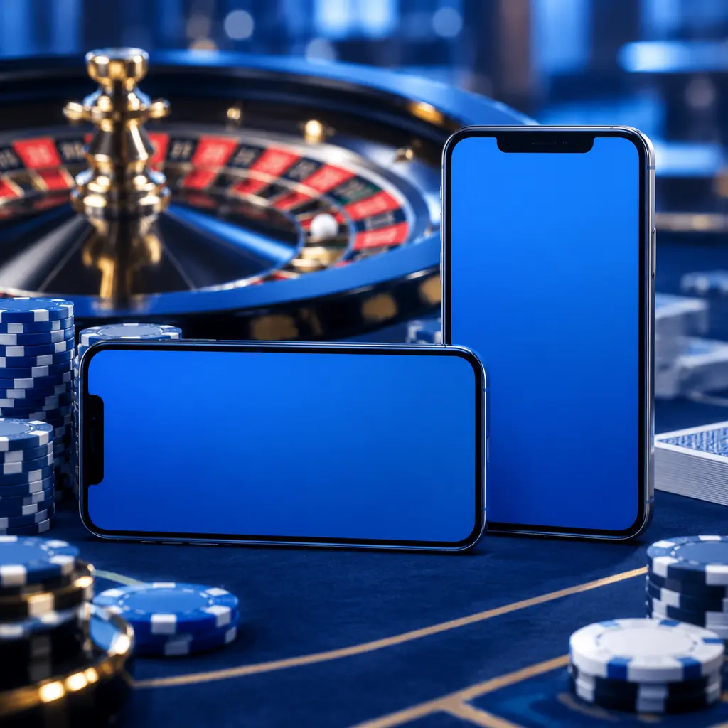 Dua ponsel di dekat roda roulette dan chip kasino