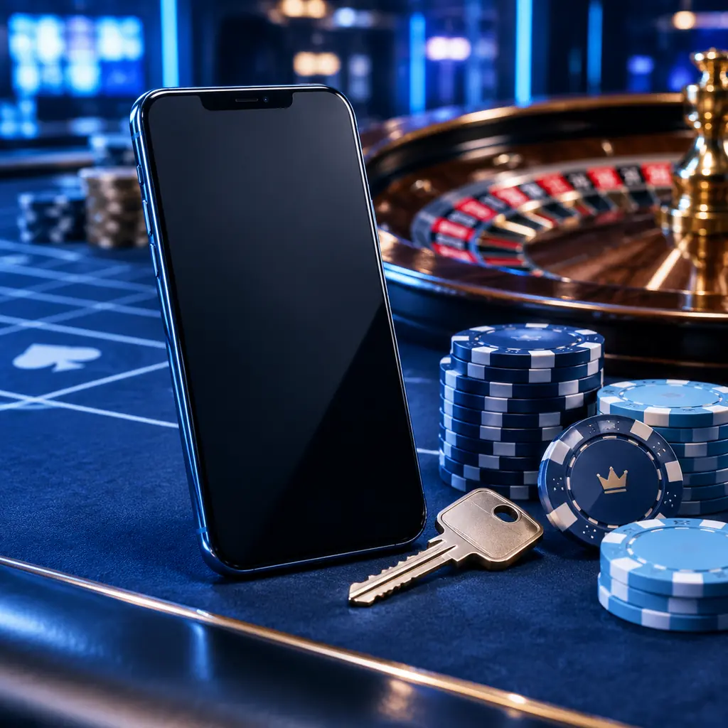 Kunci dan ponsel di atas meja dengan chip kasino