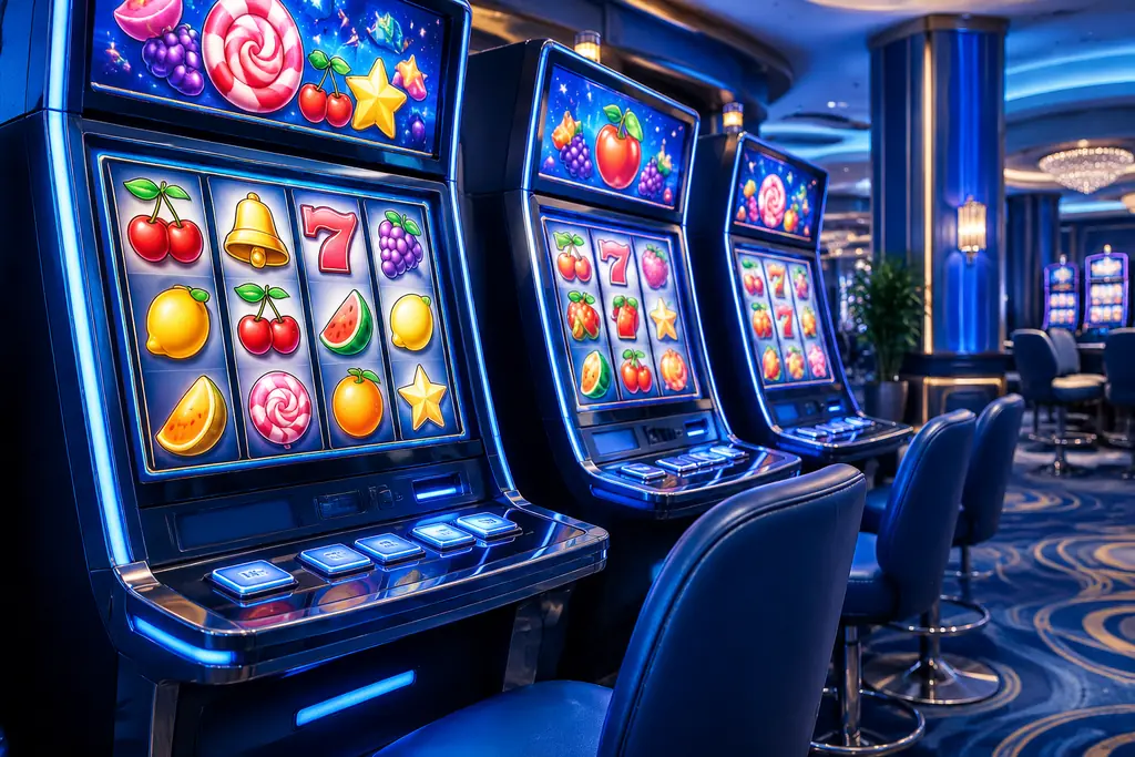 Mesin slot dengan simbol buah di ruang kasino
