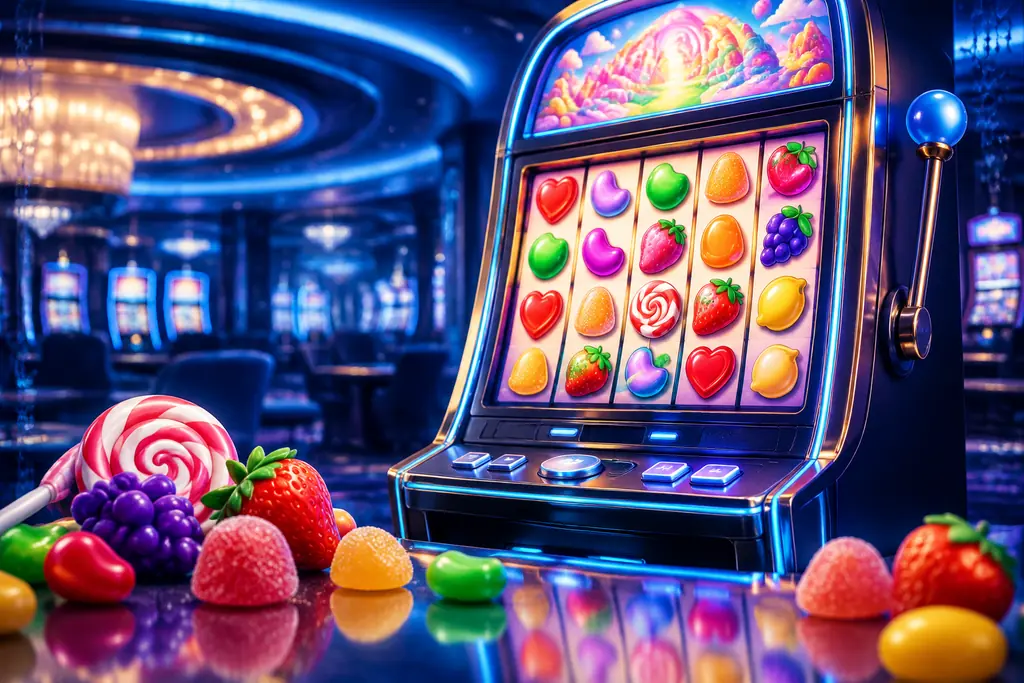 Konsep mesin slot dengan susunan permen dan buah